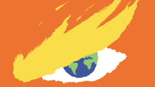 A drawing of an angry eye with the earth as a pupil.